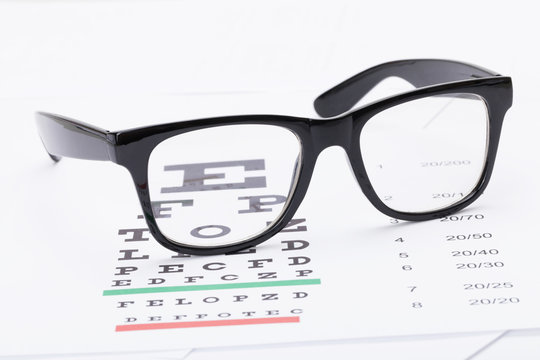 Table for eyesight test and neat glasses over it - close up studio shot