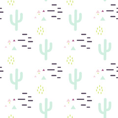 Mint and white cactus desert seamless pattern. Cacti and lines tribal boho background. Fabric print design. Succulent textile surface.