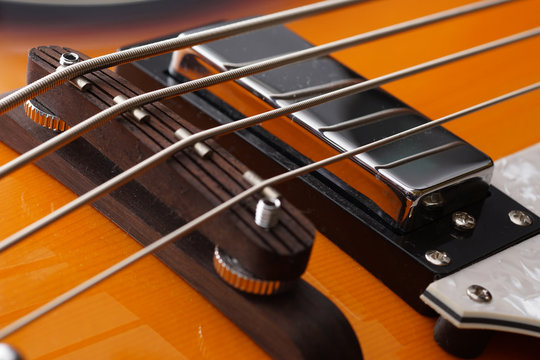 Closeup of electric guitar. Detail, selective focus.