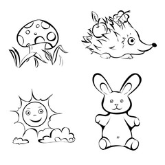 hand drawn vector children's coloring book with hedgehog, mushroom, bunny, sun, clouds. vector eps 10