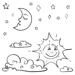 hand drawn vector children's coloring book with moon, sun, cloud, stars. vector eps 10