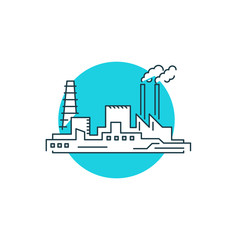 Factory icon. Works factory on a globe background, concept for World Environment Day. Pollution vector illustration.