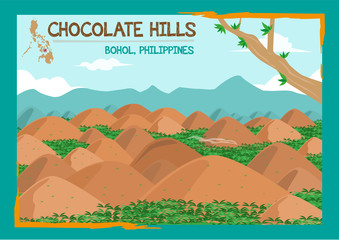Chocolate Hills formation located in Bohol, Philippines which is shown as a dot in the map. Editable Clip Art
