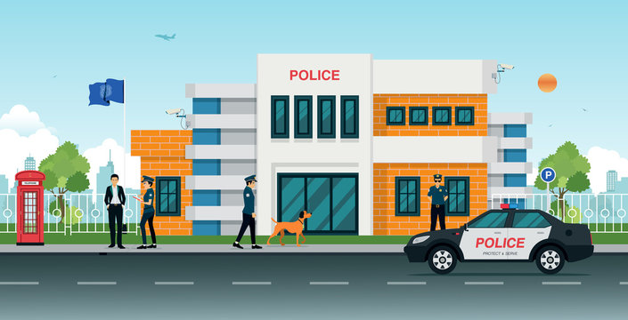 Police station with police cars and police men and women.
