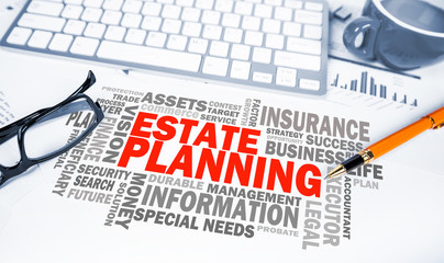 estate planning word cloud on office scene