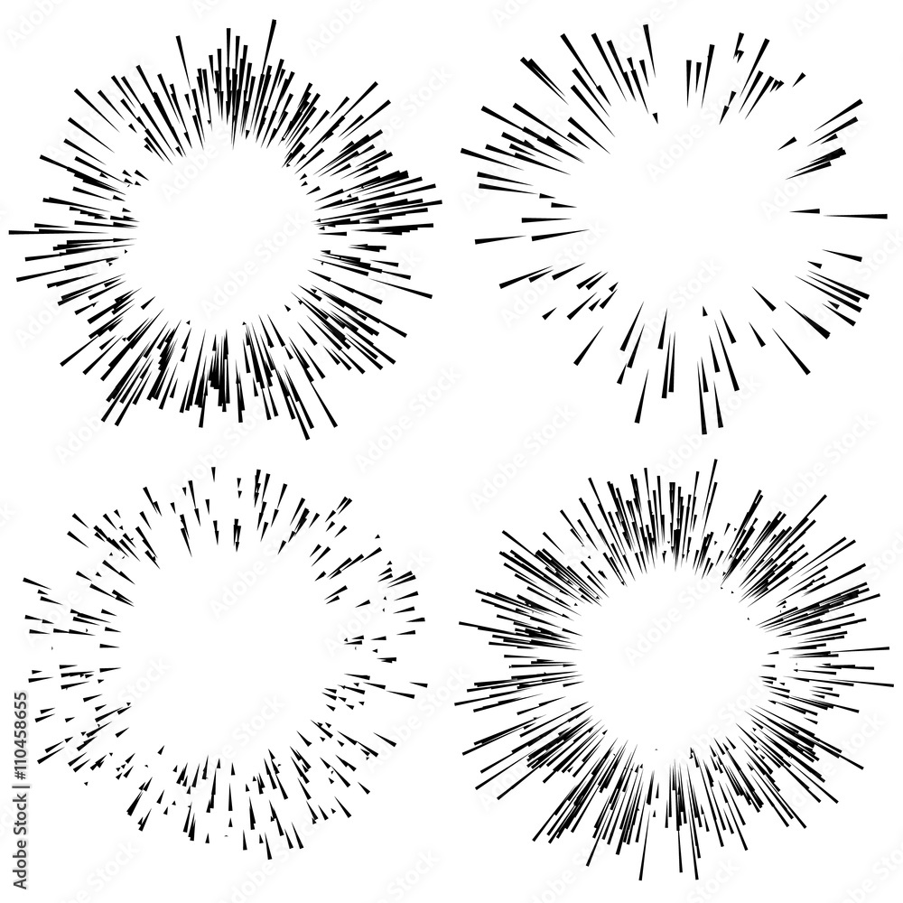 Poster set of 4 fireworks, explosion elements. radiating lines in rando