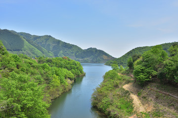 Fototapeta na wymiar 浮島橋から見た新緑の奥津湖