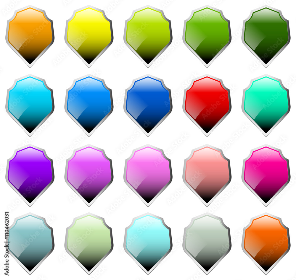 Poster set of 16 shield shapes with different colors