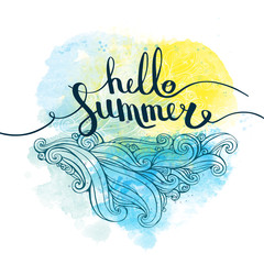 illustration hello summer with lettering, waves on blue yellow watercolor background. Vector elements for your design