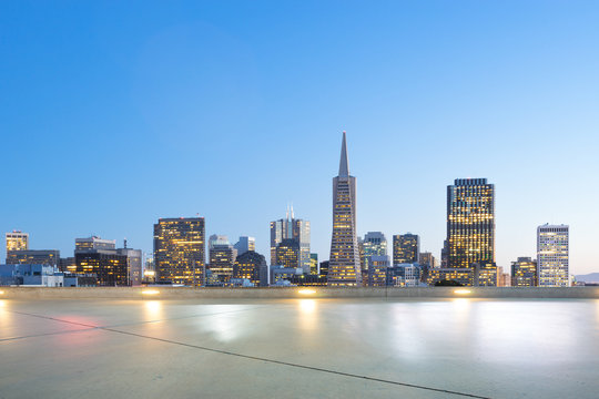 empty marble floor with cityscape and skyline of san francisco