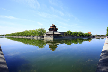 The Forbidden City turrets，under the blue sky white clouds