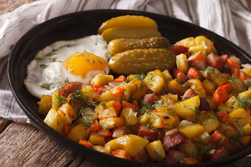 Norwegian food pyttipanne: fried potatoes with sausages, eggs close-up. horizontal
