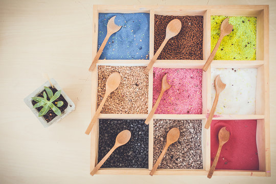 Colorful of fertilizer in wooden box