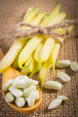 Seeds and stack of yellow beans on jute canvas, healthy food