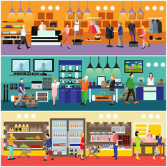 People shopping in a mall concept. Consumer electronics store Interior. Colorful vector illustration.