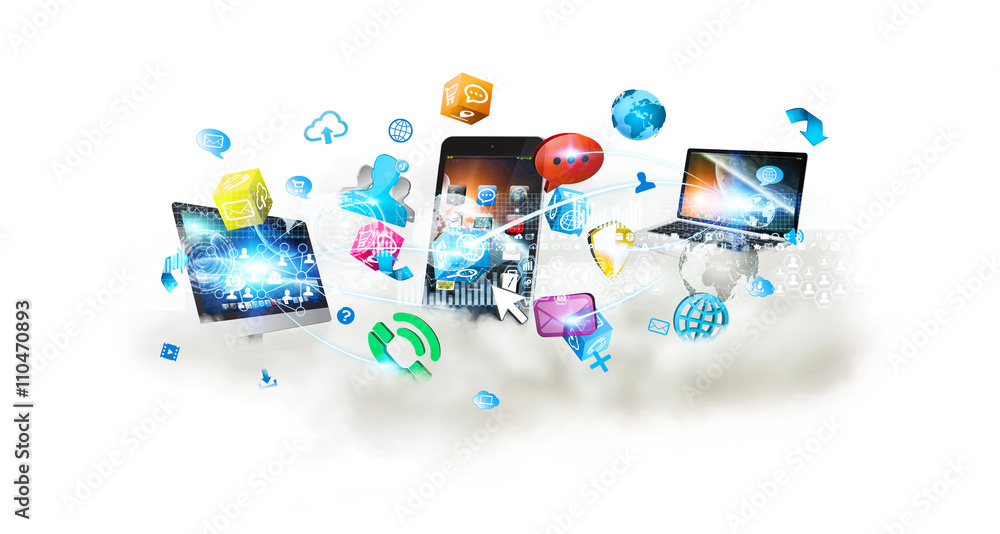 Poster Tech devices and icons applications over a cloud