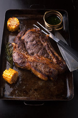 Grilled Black Angus Steak Ribeye  with rosemary, spice and salt