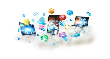 Tech devices and icons applications over a cloud © sdecoret