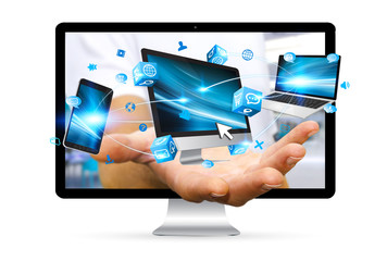 Colorful tech devices and icons applications in businessman hand