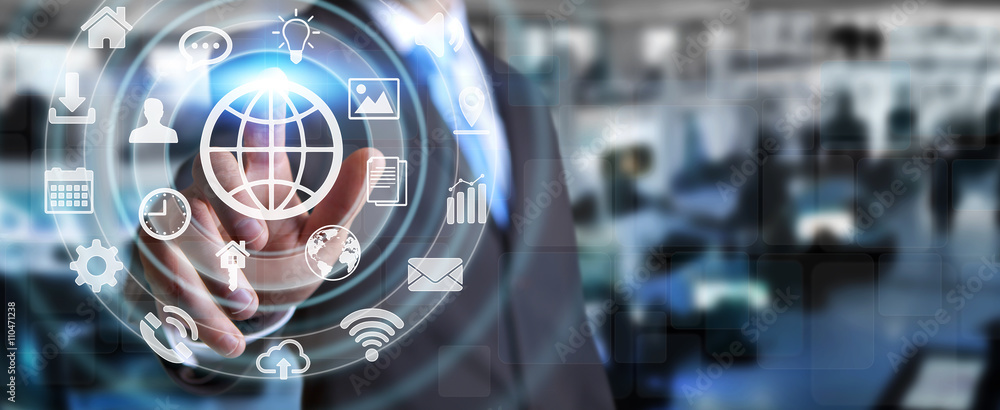 Poster businessman using digital tactile screen interface with web icon