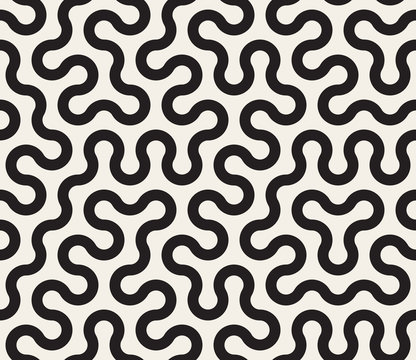 Vector Seamless Black and White Tangled Round Stripes Geometric Pattern