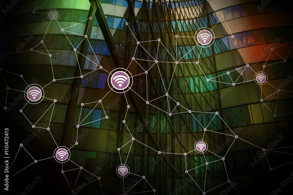 Poster modern architecture exterior and wireless communication network, abstract image visual