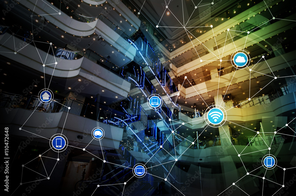 Aufkleber modern architecture interior and wireless communication network, abstract image visual
