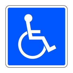 Disabled sign. Handicapped person icon in a blue square isolated on white background. Illustrations of warning emblem and permissive symbol for the disabled. Vector illustration
