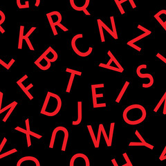 Seamless pattern with letters. Abstract red letters on black background. Graphic style with alphabet. Stylish alphabet background. For prints, textiles, wrapping, wallpaper, website, blog etc. VECTOR