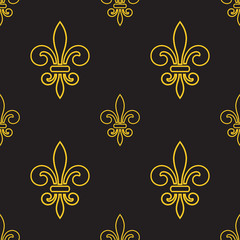 Seamless pattern with gold fleur-de-lis on gray background. Graphics design for wallpaper, wrapping, tiles, fabric, apparel, print production. Fleur de lis royal lily texture in antique style. Vector