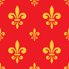 Seamless pattern with gold fleur-de-lis on red background. Graphics design for wallpaper, wrapping, tiles, fabric, apparel, print production. Fleur de lis royal lily texture in antique style. Vector © alona_s