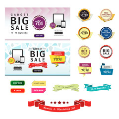 Promotional Banner & Marketing Set. This set contains badges, sale tags, buttons, and banners for your designs, such us for online shop, email newsletter or email marketing, web banner, print ad, etc.