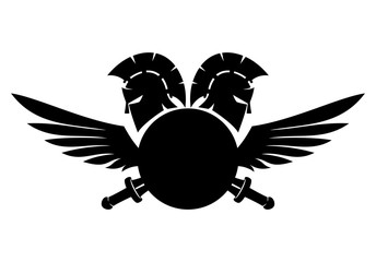 Spartan helmet, shield, sword and wings. - obrazy, fototapety, plakaty