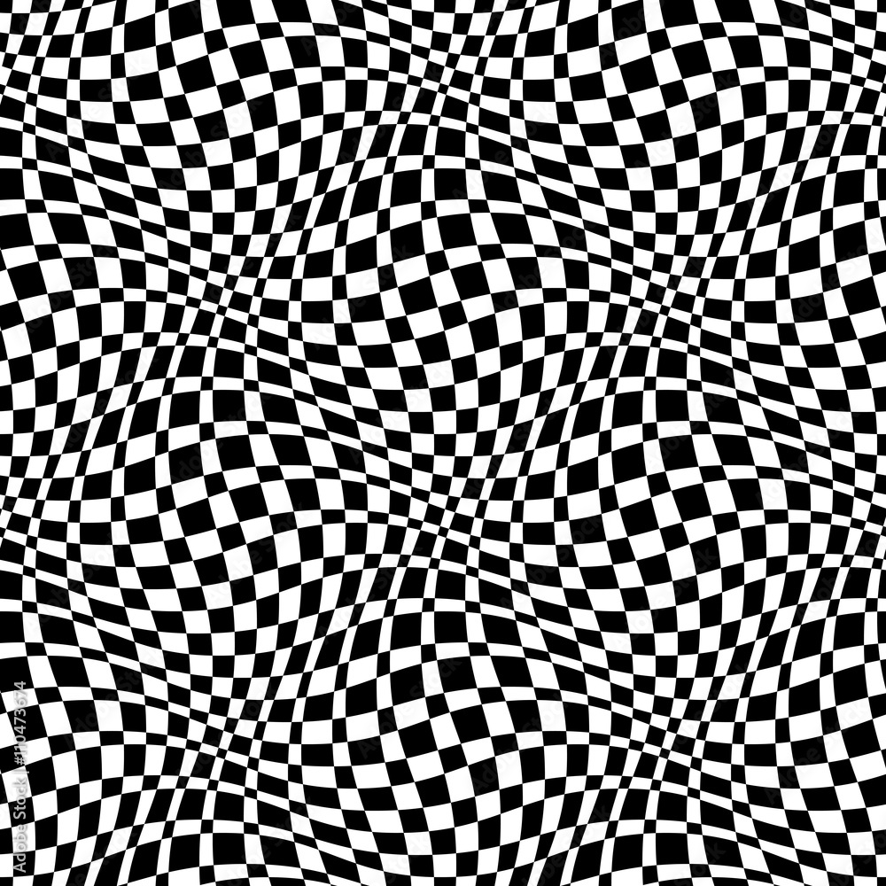 Wall mural checkered seamless pattern 3d. black and white square wave combination. chess board squares distorti