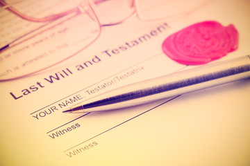Vintage / retro style : Last will and testament sealed with wax seal, stamped / embossed with...