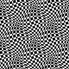 Checkered seamless pattern 3D. Black and white square wave combination. Chess board squares distortion. Optical illusion. Texture for prints, textiles, wrapping, wallpaper, website, blogs. VECTOR