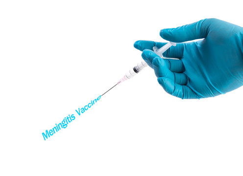 Hand In A Blue Glove Holding Syringe With Meningitis Vaccine Wor