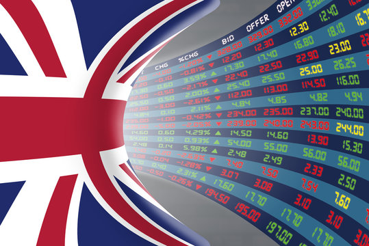 Flag of the United Kingdom with a large display of daily stock market price and quotations during normal economic period. The fate and mystery of the UK stock market, tunnel/corridor concept.