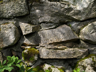 Old stones and moss on a stone wall. Green grass. 