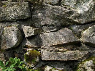 Old stones and moss on a stone wall. Green grass. 