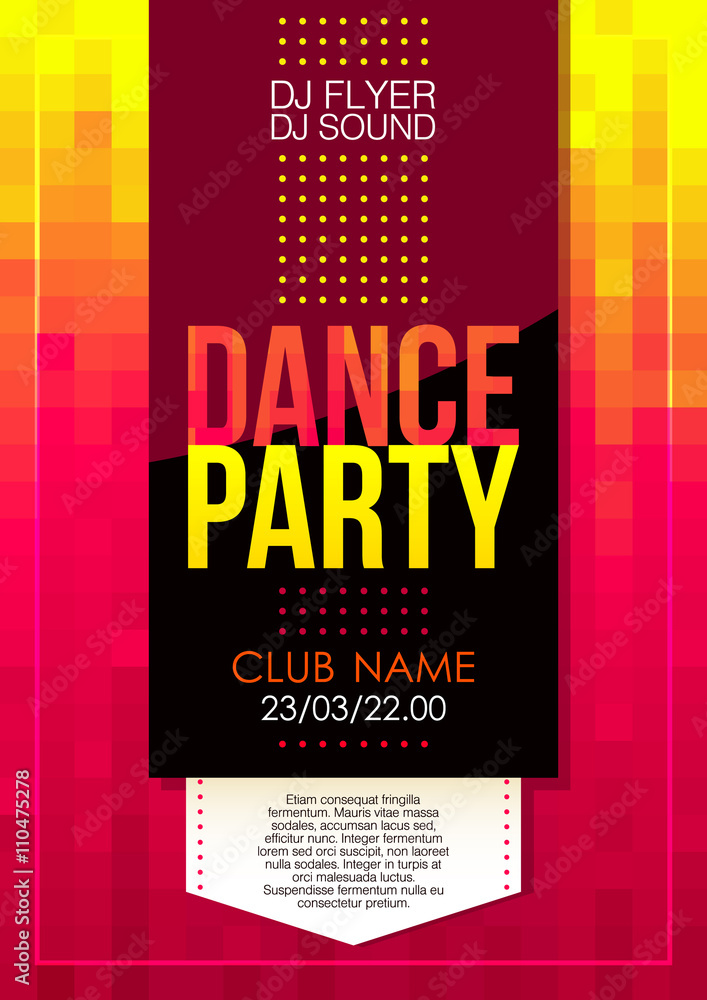 Poster vertical red music party background with color graphic elements and text.