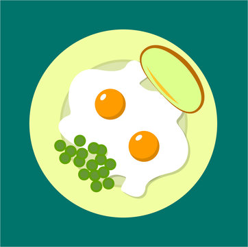 two fried eggs on a plate with peas and bread
omelette
