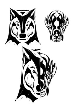 Wolf and skull illustration. Black and white