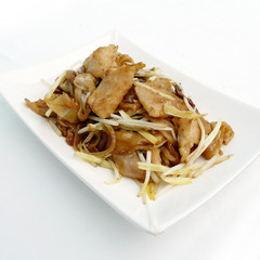 asian food - pad see ew moo - dried fried rice noodle with pork, chives and mushroom