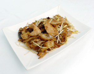 asian food - pad see ew moo - dried fried rice noodle with pork, chives and mushroom