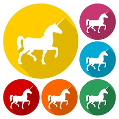 Silhouette of Unicorn Horse icons set with long shadow