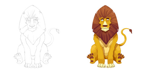 Creative Illustration and Innovative Art: Animal Set: Sketch Line Art and Coloring Book: Lion King. Realistic Fantastic Cartoon Style Character Design, Wallpaper, Story Background, Card Design
