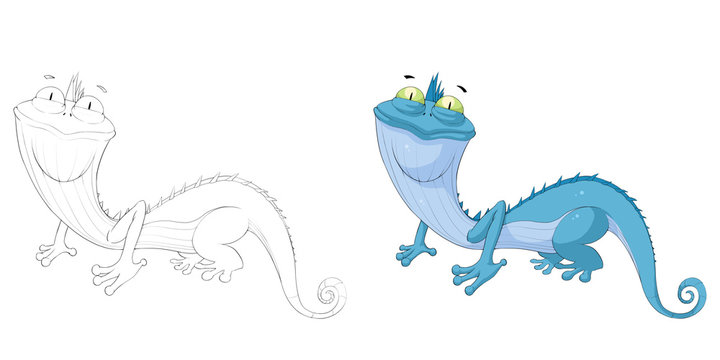 Creative Illustration and Innovative Art: Animal Set: Sketch Line Art and Coloring Book: Chameleon Lizard Dragon. Realistic Fantastic Cartoon Style Artwork Character Design Wallpaper, Card Game Design