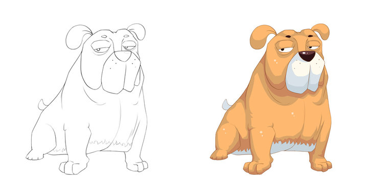 Creative Illustration and Innovative Art: Animal Set: Sketch Line Art and Coloring Book: Bulldog. Realistic Fantastic Cartoon Style Character Design, Wallpaper, Story Background, Card Design
