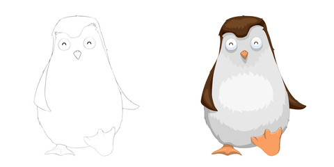 Creative Illustration and Innovative Art: Animal Set: Sketch Line Art and Coloring Book: Cute Walking Penguin. Realistic Fantastic Cartoon Style Character Design, Wallpaper, Background, Card Design